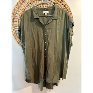 Per Se Olive Green Button Down Short Sleeve High Low Shirt Plus Size 1X